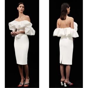 Solace London Raina Ruffle Off the Shoulder Cream White Midi Dress Size 0